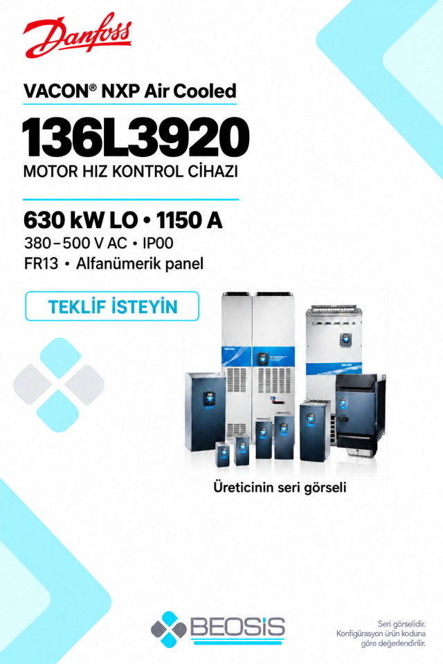Danfoss 136L3920 VACON NXP 630 kW LO 380–500 V IP00 Alfanümerik Panelli Motor Hız Kontrol Cihazı