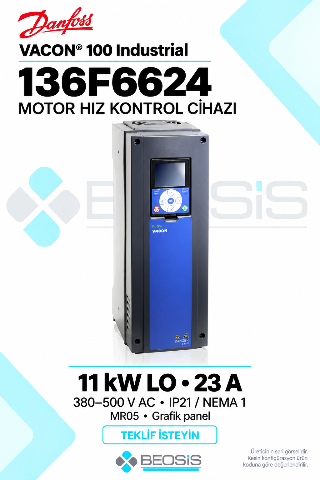 Danfoss 136F6624 VACON 100 Industrial 11 kW LO 380–500 V IP21 Grafik Panelli Motor Hız Kontrol Cihazı