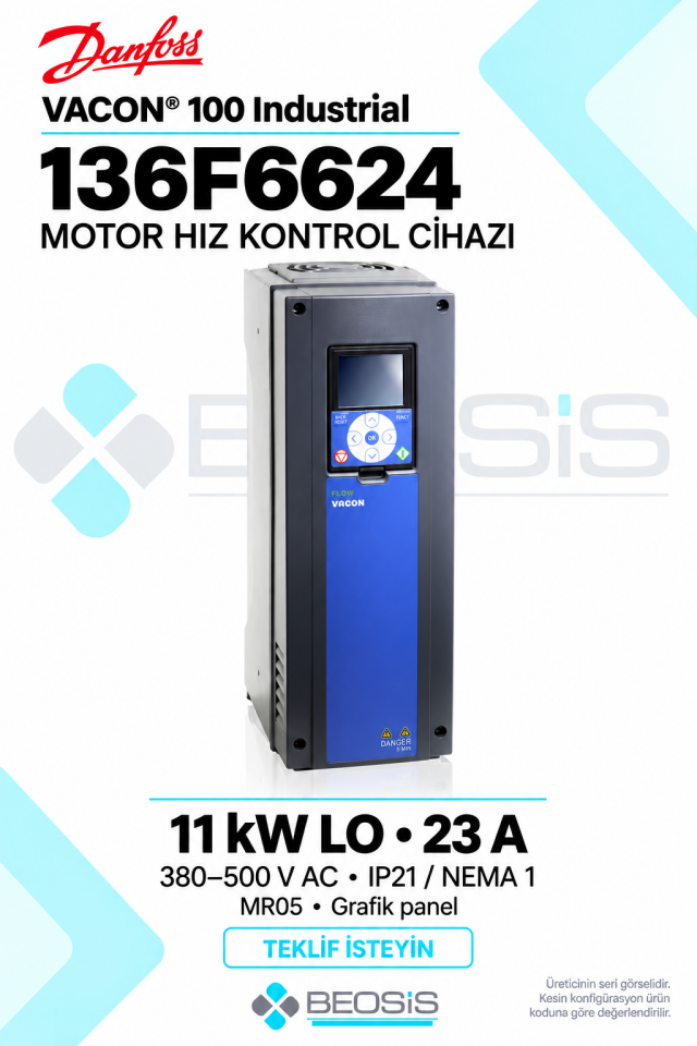 Danfoss 136F6624 VACON 100 Industrial 11 kW LO 380–500 V IP21 Grafik Panelli Motor Hız Kontrol Cihazı
