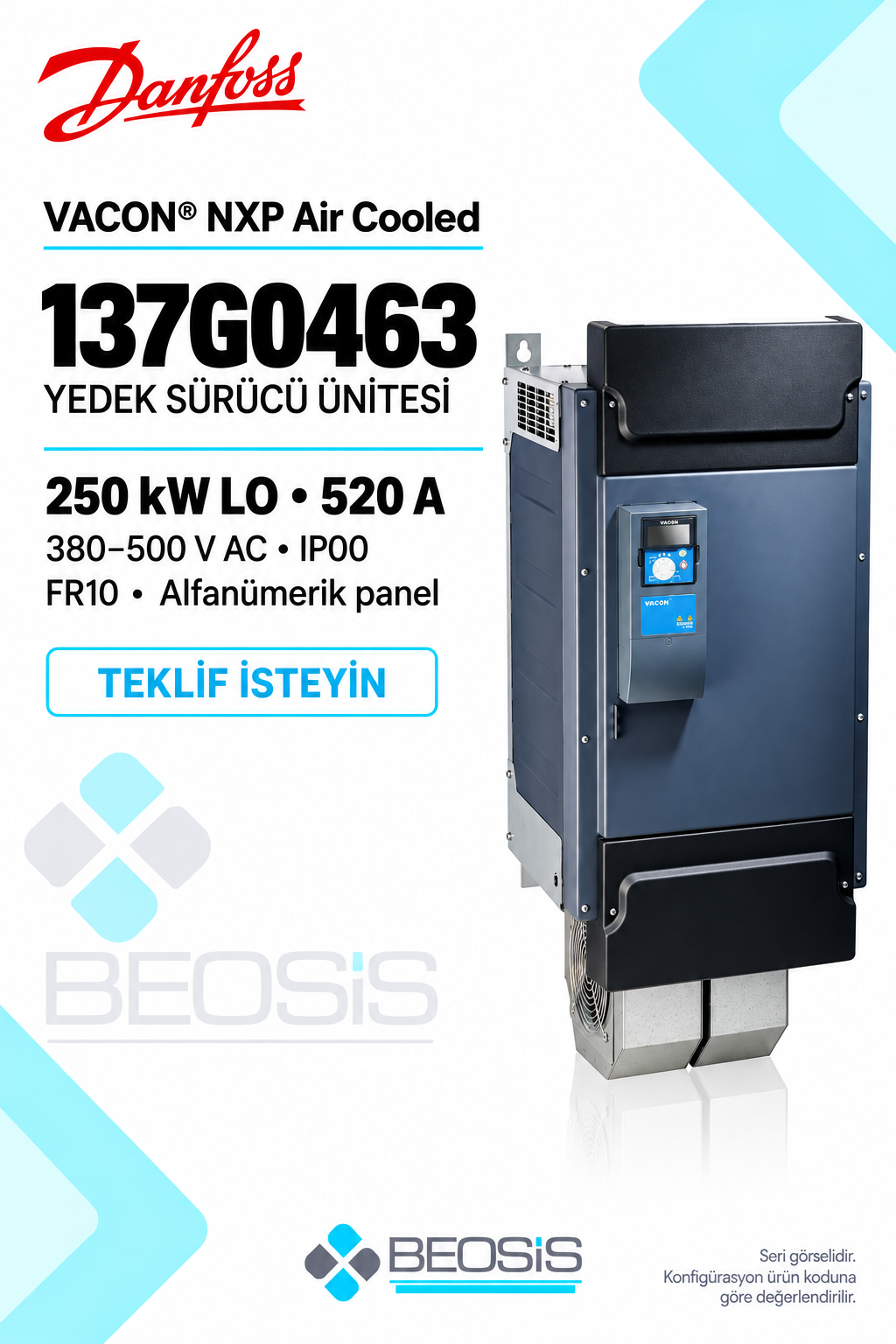 Danfoss 137G0463 VACON NXP 250 kW LO 380–500 V IP00 Yedek Sürücü Ünitesi