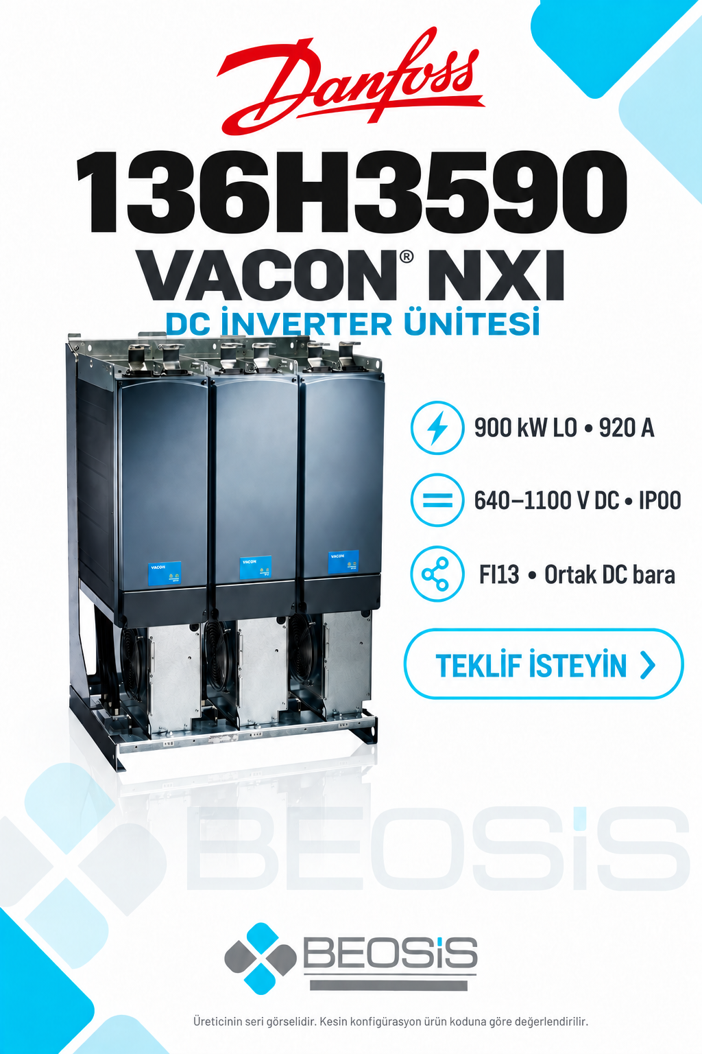 Danfoss 136H3590 VACON NXI 900 kW LO 640–1100 V DC IP00 DC İnverter Ünitesi