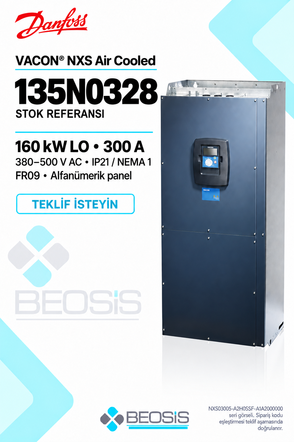 Danfoss 135N0328 VACON NXS 160 kW LO 380–500 V IP21 Alfanümerik Panelli Motor Hız Kontrol Cihazı