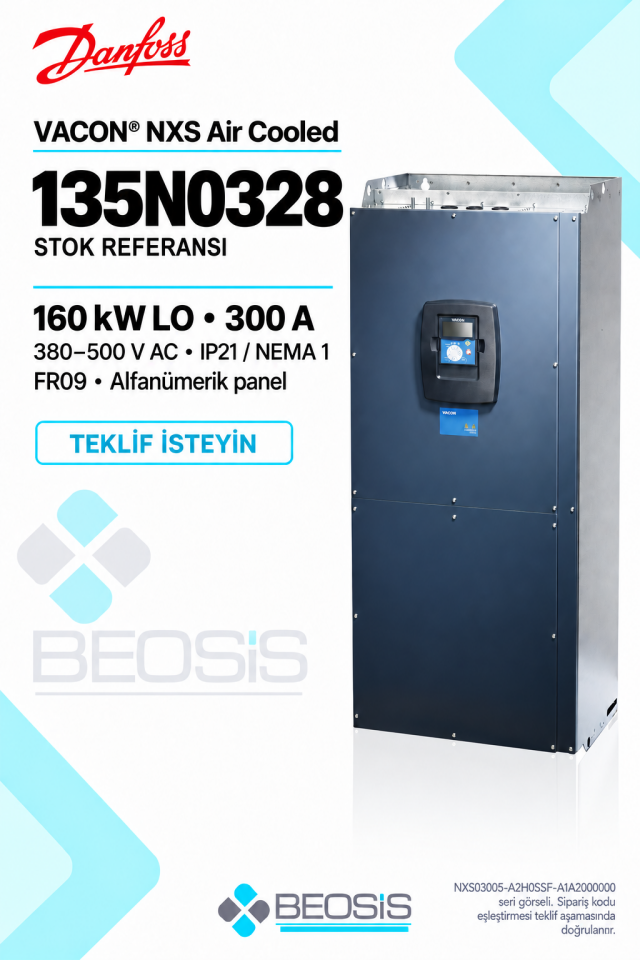 Danfoss 135N0328 VACON NXS 160 kW LO 380–500 V IP21 Alfanümerik Panelli Motor Hız Kontrol Cihazı