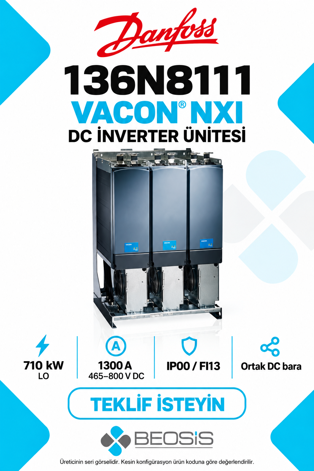 Danfoss 136N8111 VACON NXI 710 kW LO 465–800 V DC IP00 DC İnverter Ünitesi