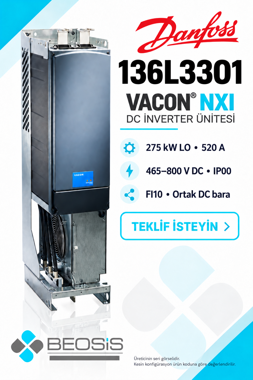Danfoss 136L3301 VACON NXI 275 kW LO 465–800 V DC IP00 DC İnverter Ünitesi