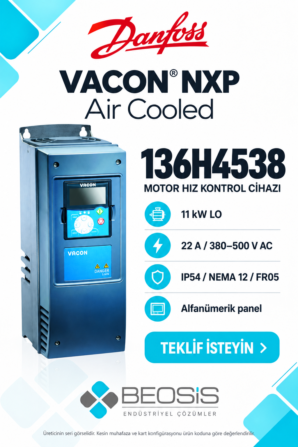 Danfoss 136H4538 VACON NXP 11 kW LO 380–500 V IP54 Alfanümerik Panelli Motor Hız Kontrol Cihazı