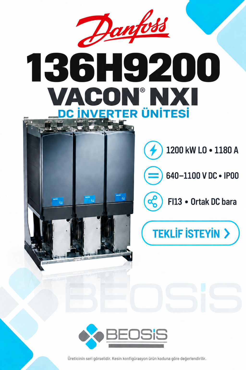 Danfoss 136H9200 VACON NXI 1200 kW LO 640–1100 V DC IP00 DC İnverter Ünitesi