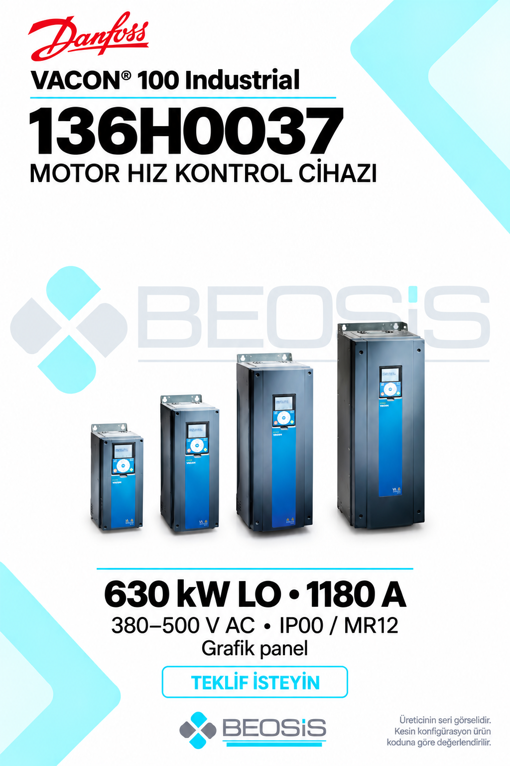Danfoss 136H0037 VACON 100 Industrial 630 kW LO 380–500 V IP00 Grafik Panelli Motor Hız Kontrol Cihazı