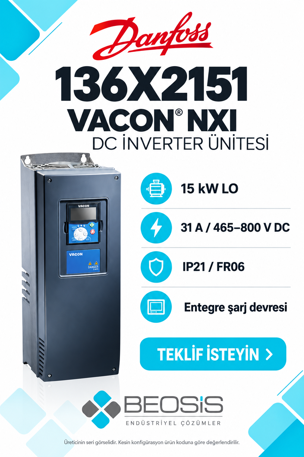 Danfoss 136X2151 VACON NXI 15 kW LO 465–800 V DC IP21 DC İnverter Ünitesi