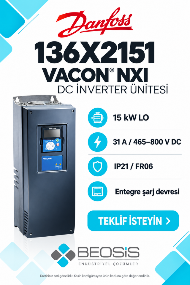 Danfoss 136X2151 VACON NXI 15 kW LO 465–800 V DC IP21 DC İnverter Ünitesi