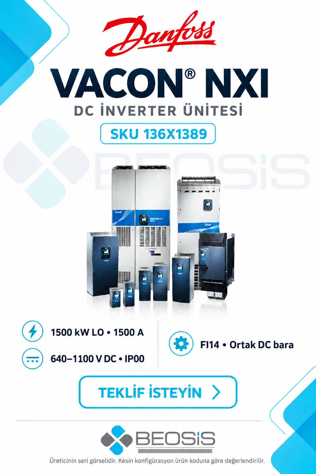 Danfoss 136X1389 VACON NXI 1500 kW LO 640–1100 V DC IP00 DC İnverter Ünitesi