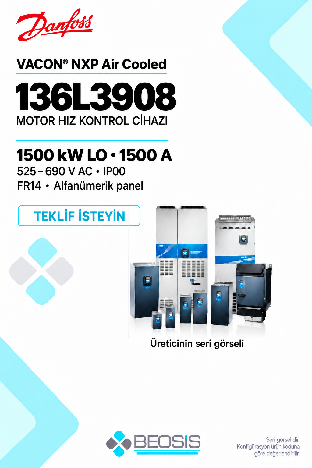 Danfoss 136L3908 VACON NXP 1500 kW LO 525–690 V IP00 Alfanümerik Panelli Motor Hız Kontrol Cihazı