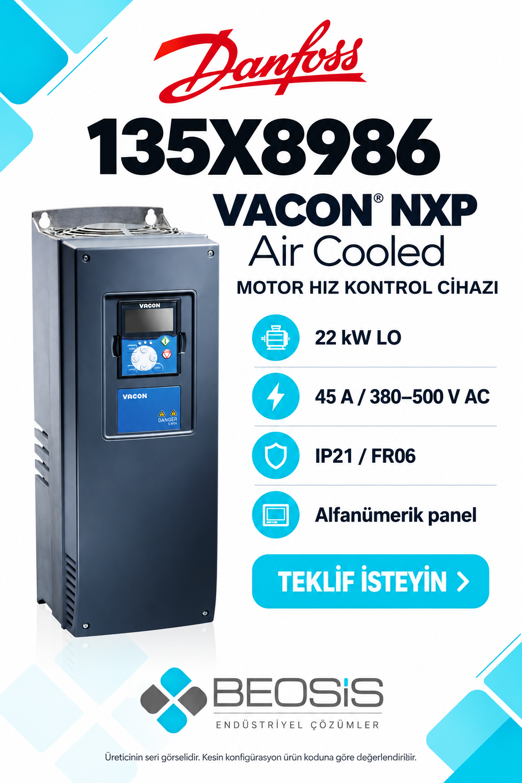 Danfoss 135X8986 VACON NXP 22 kW LO 380–500 V IP21 Alfanümerik Panelli Motor Hız Kontrol Cihazı