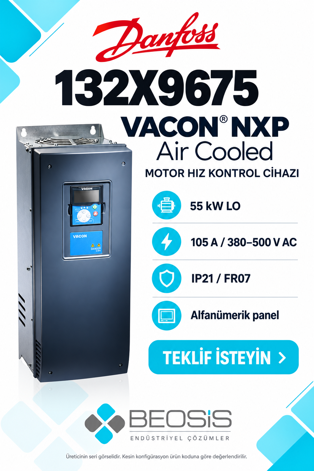 Danfoss 132X9675 VACON NXP 55 kW LO 380–500 V IP21 Alfanümerik Panelli Motor Hız Kontrol Cihazı