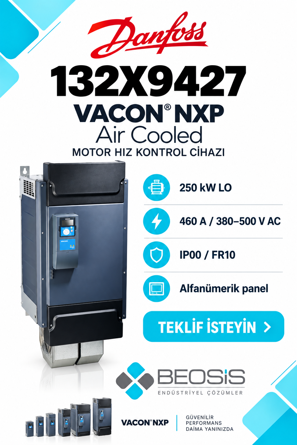 Danfoss 132X9427 VACON NXP 250 kW LO 380–500 V IP00 Alfanümerik Panelli Motor Hız Kontrol Cihazı