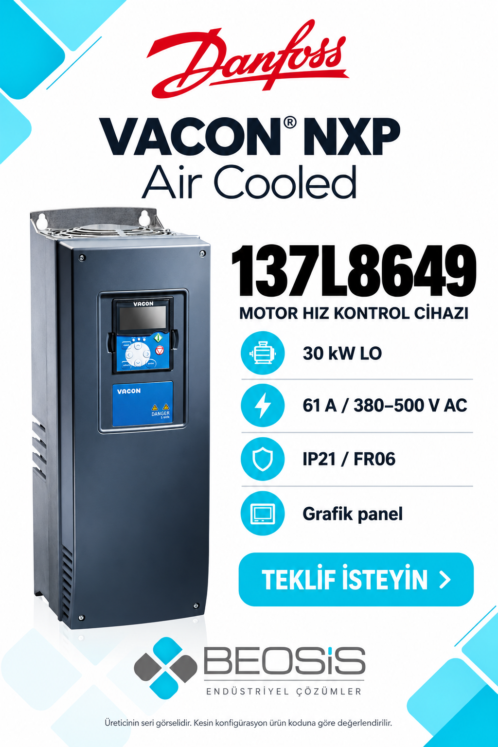 Danfoss 137L8649 VACON NXP 30 kW LO 380–500 V IP21 Grafik Panelli Motor Hız Kontrol Cihazı