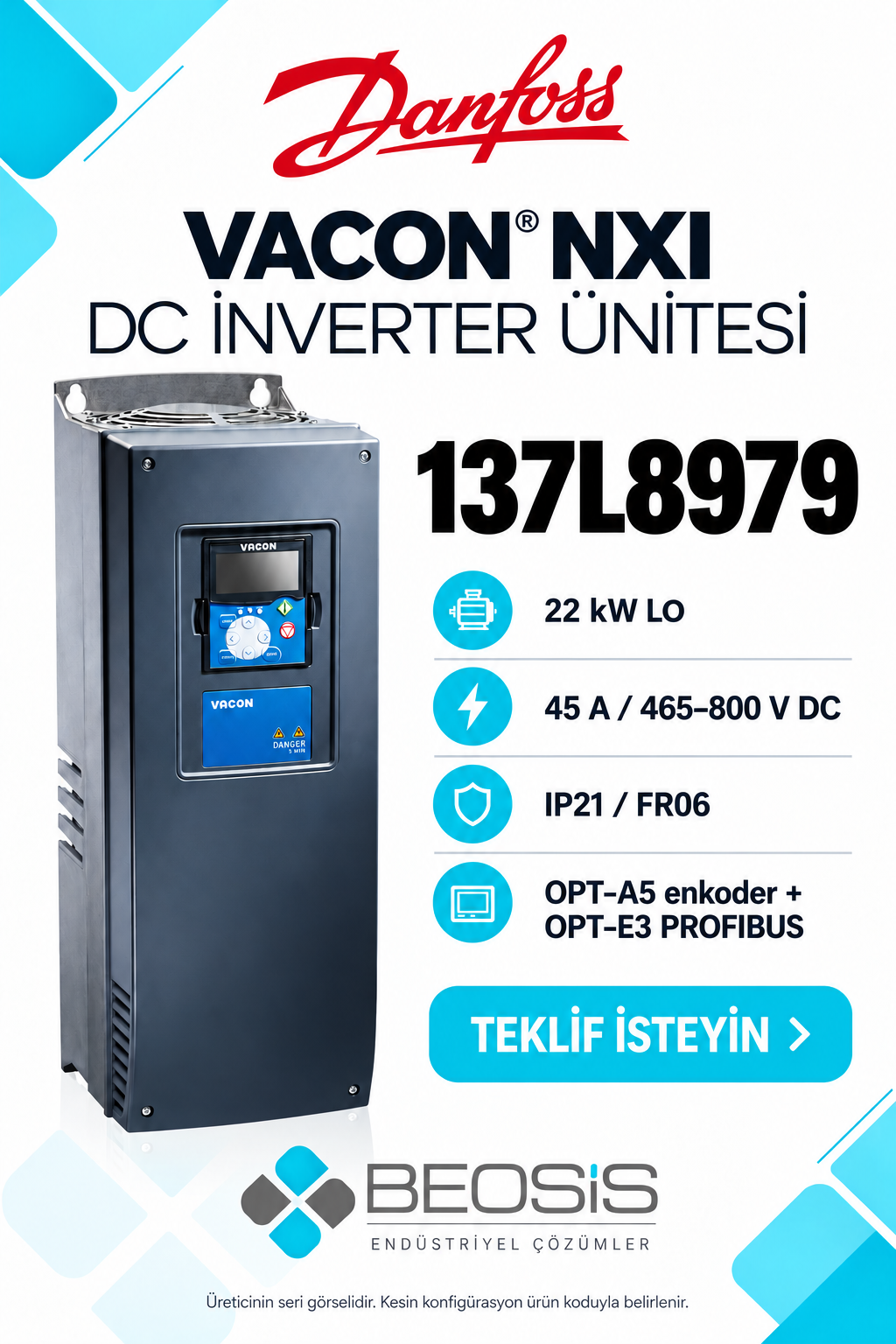Danfoss 137L8979 VACON NXI 22 kW LO 465–800 V DC IP21 DC İnverter Ünitesi