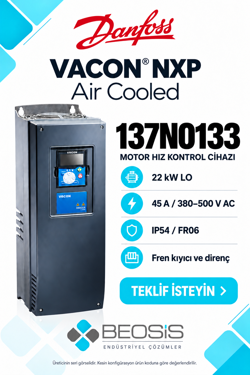 Danfoss 137N0133 VACON NXP 22 kW LO 380–500 V IP54 Alfanümerik Panelli Motor Hız Kontrol Cihazı