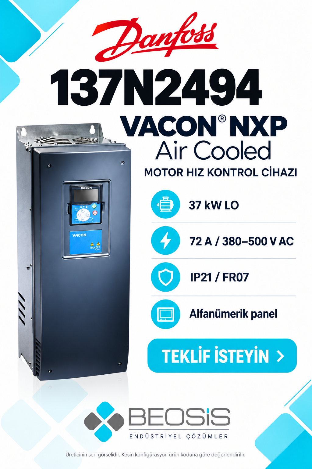 Danfoss 137N2494 VACON NXP 37 kW LO 380–500 V IP21 Alfanümerik Panelli Motor Hız Kontrol Cihazı