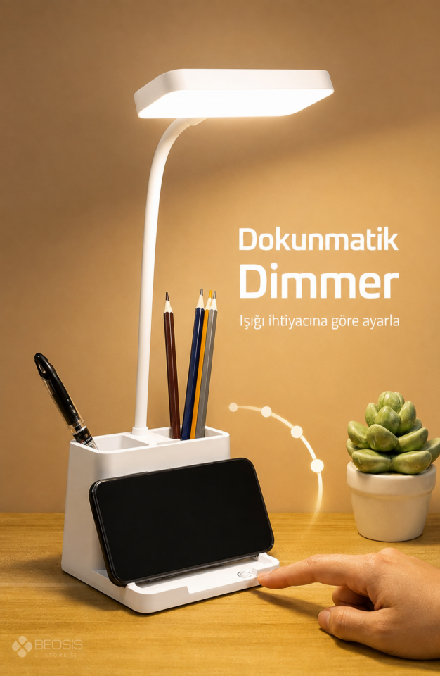 Şarjlı Dokunmatik Masa Lambası 3 Renk Dimmerli Telefon Standlı