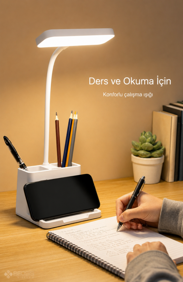 Şarjlı Dokunmatik Masa Lambası 3 Renk Dimmerli Telefon Standlı