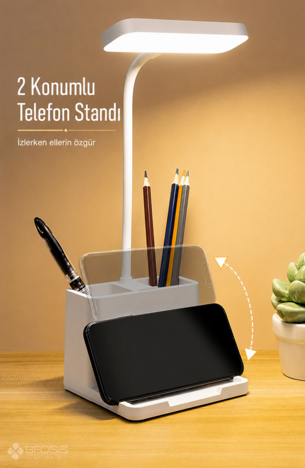 Şarjlı Dokunmatik Masa Lambası 3 Renk Dimmerli Telefon Standlı