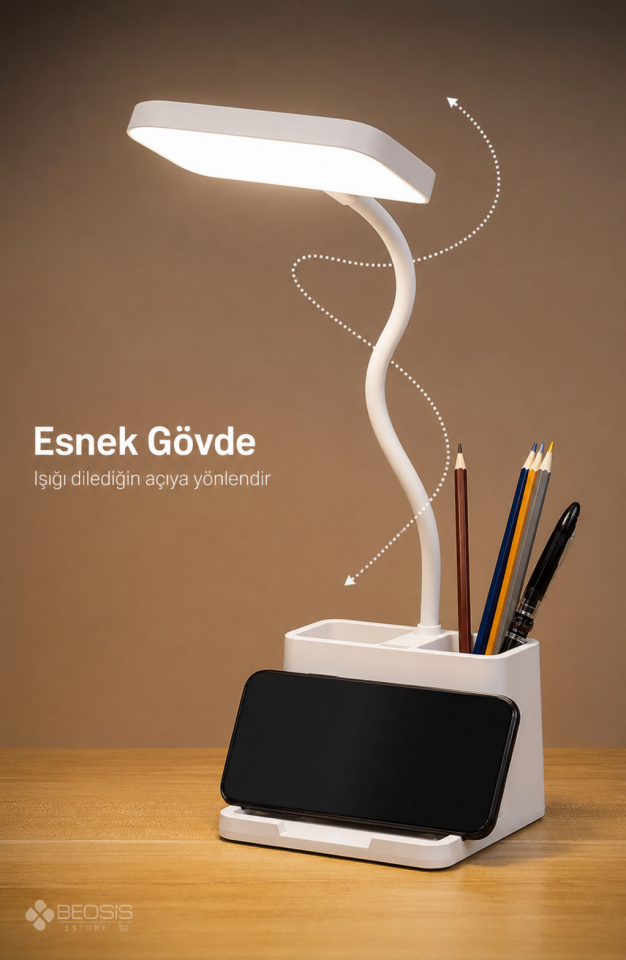 Şarjlı Dokunmatik Masa Lambası 3 Renk Dimmerli Telefon Standlı