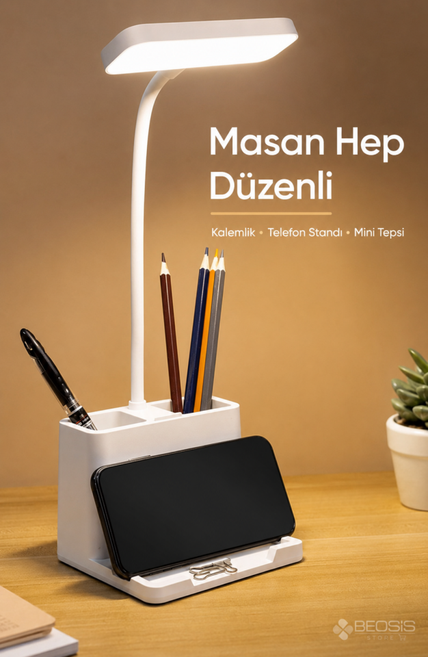 Şarjlı Dokunmatik Masa Lambası 3 Renk Dimmerli Telefon Standlı