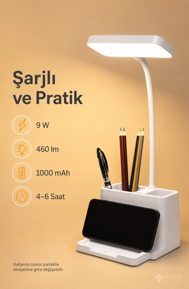 Şarjlı Dokunmatik Masa Lambası 3 Renk Dimmerli Telefon Standlı