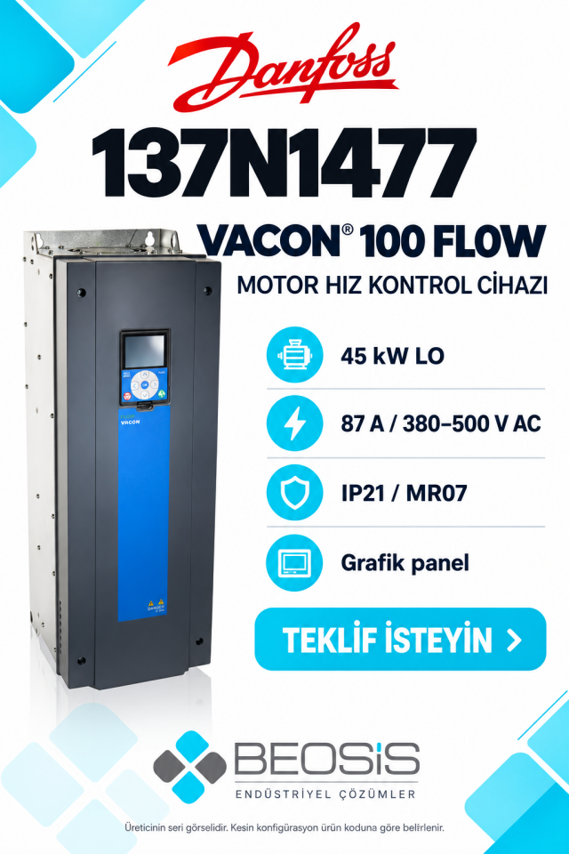 Danfoss 137N1477 VACON 100 FLOW 45 kW LO 380–500 V IP21 Grafik Panelli Motor Hız Kontrol Cihazı
