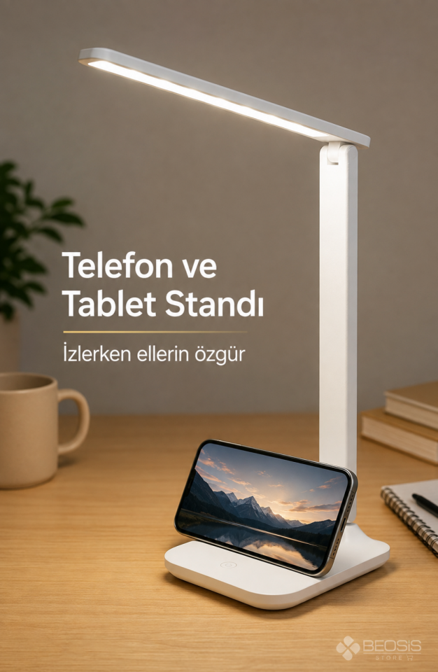 Şarjlı Dokunmatik Masa Lambası 3 Renk Dimmerli Telefon Standlı 9 W