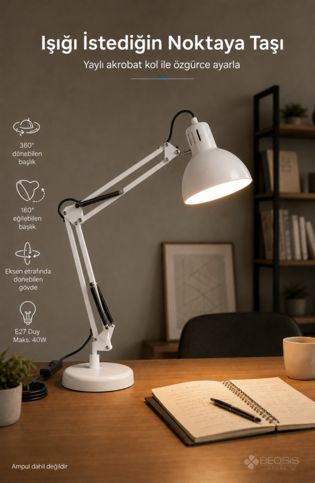 Metal Akrobat Masa Lambası Yaylı 360° Ayarlanabilir E27