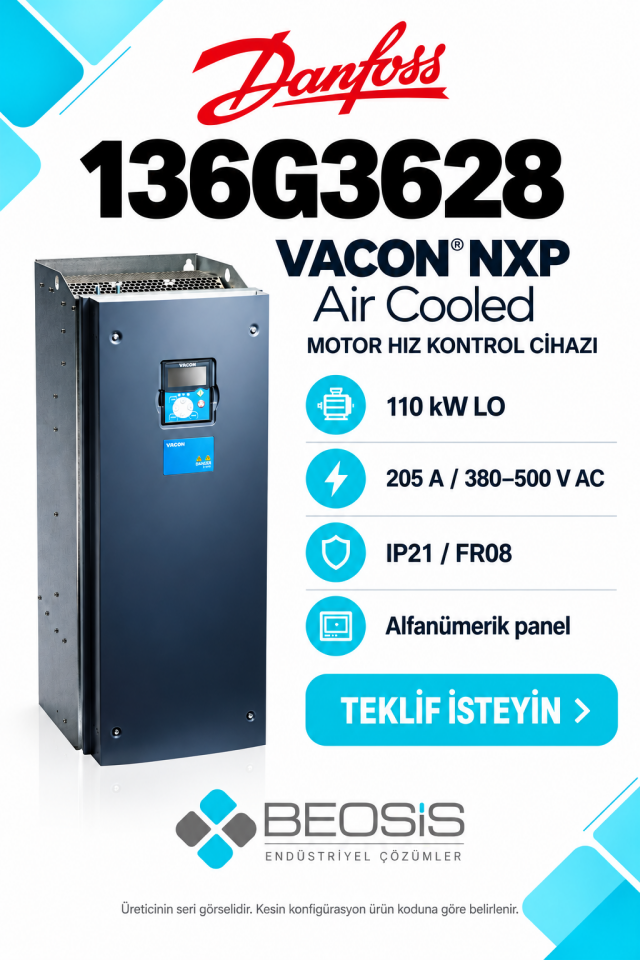 Danfoss 136G3628 VACON NXP 110 kW LO 380–500 V IP21 Alfanümerik Panelli Motor Hız Kontrol Cihazı