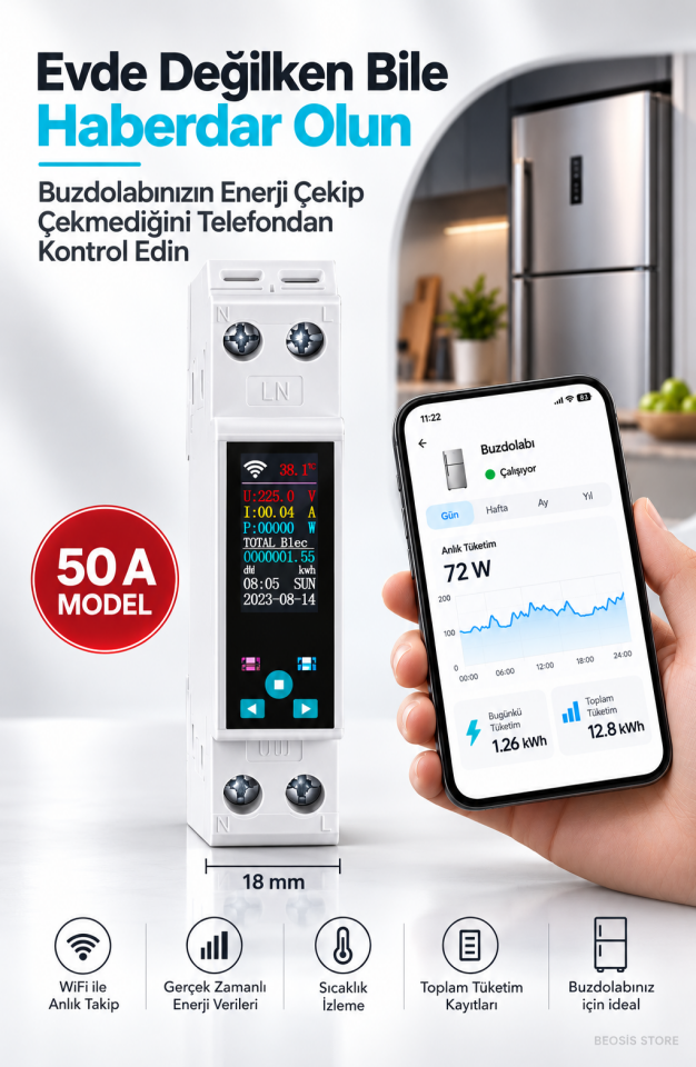 WiFi Akıllı Enerji Ölçer ve Akım Koruma Rölesi – Dijital Ekranlı, Uzaktan Kontrollü Aç/Kapa Şalteri, Anlık Güç Tüketim Takibi (Fonri, Tuya, Smart Life, Google Assistant, Amazon Alexa Destekli)