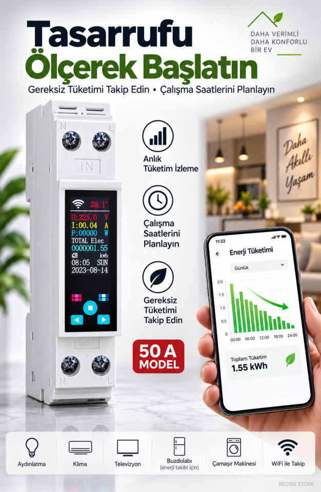 WiFi Akıllı Enerji Ölçer ve Akım Koruma Rölesi – Dijital Ekranlı, Uzaktan Kontrollü Aç/Kapa Şalteri, Anlık Güç Tüketim Takibi (Fonri, Tuya, Smart Life, Google Assistant, Amazon Alexa Destekli)