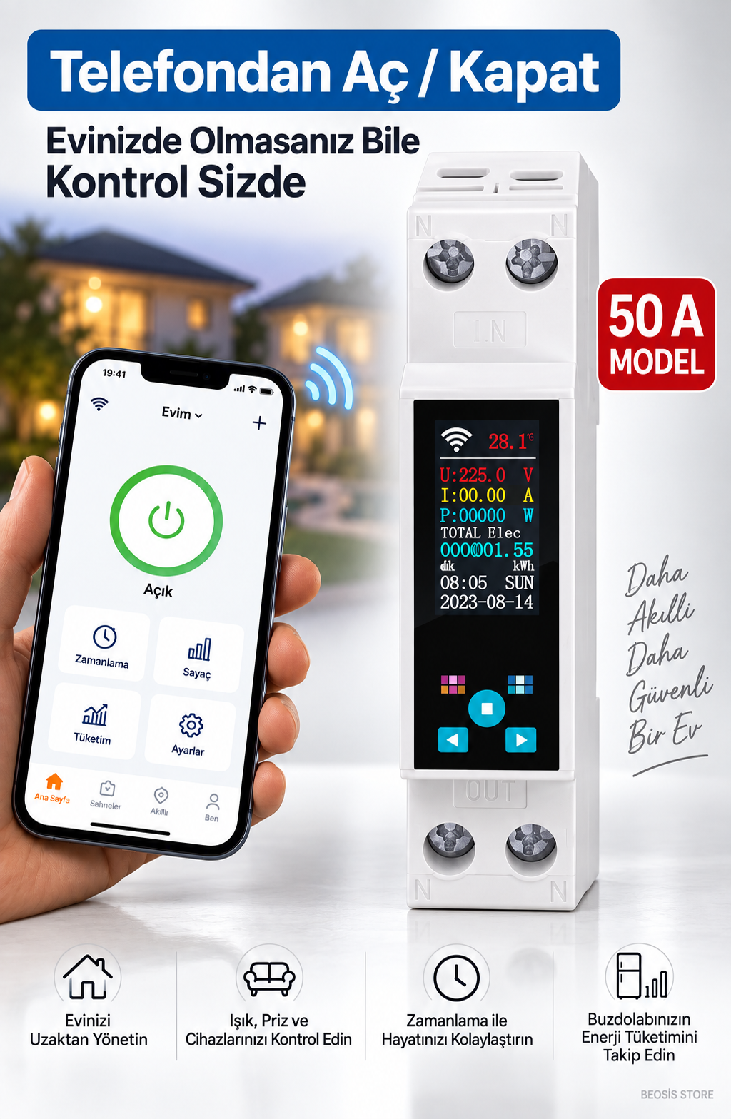 WiFi Akıllı Enerji Ölçer ve Akım Koruma Rölesi – Dijital Ekranlı, Uzaktan Kontrollü Aç/Kapa Şalteri, Anlık Güç Tüketim Takibi (Fonri, Tuya, Smart Life, Google Assistant, Amazon Alexa Destekli)