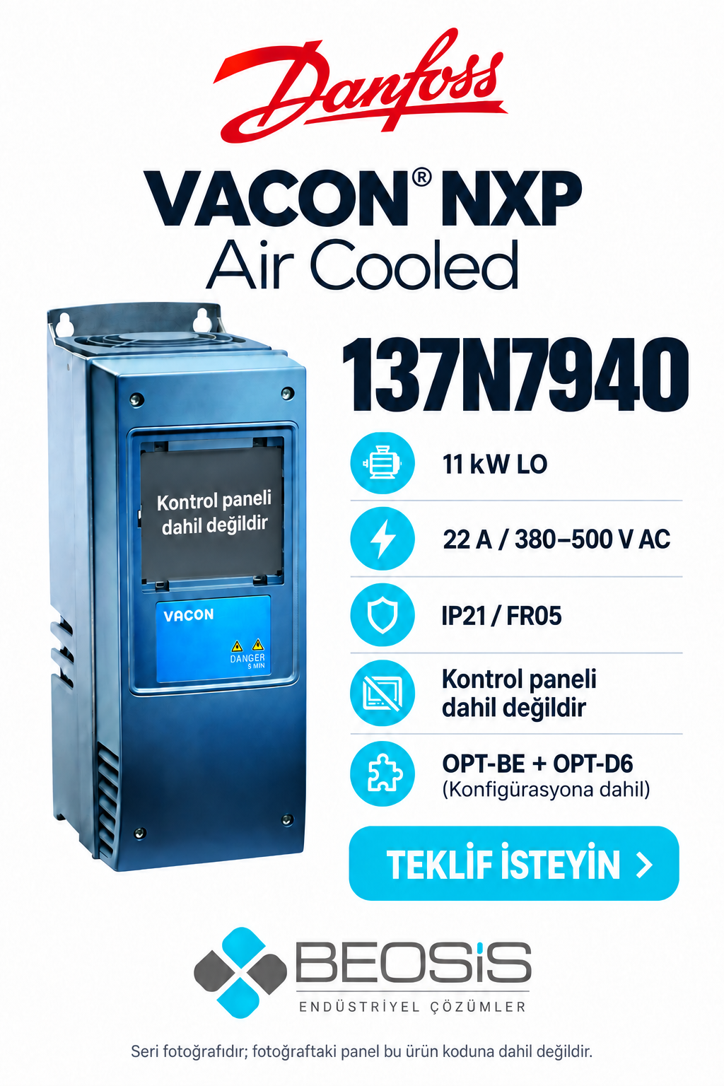 Danfoss 137N7940 VACON NXP 11 kW LO 380–500 V IP21 Panelsiz Motor Hız Kontrol Cihazı