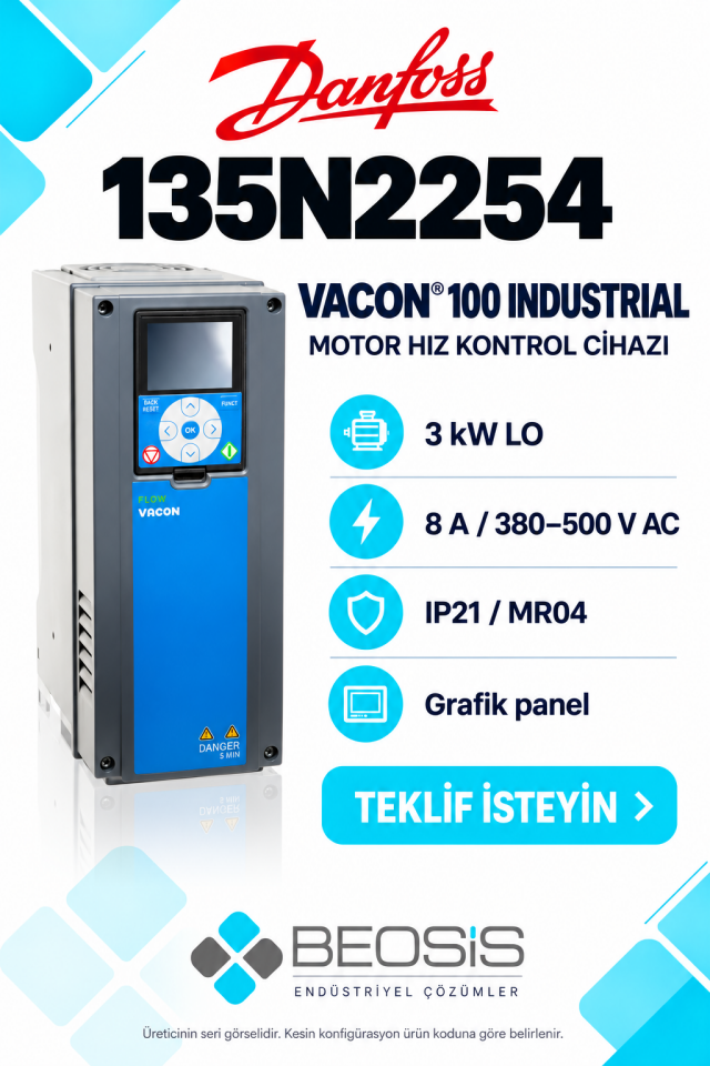 Danfoss 135N2254 VACON 100 Industrial 3 kW LO 380–500 V IP21 Grafik Panelli Motor Hız Kontrol Cihazı