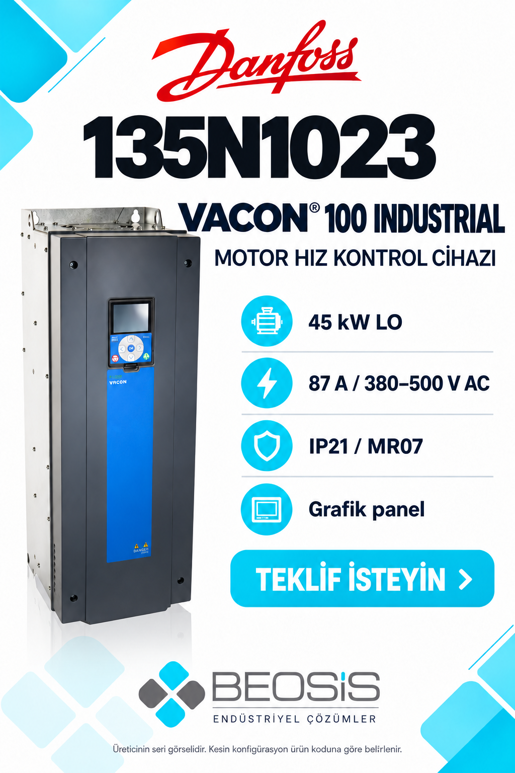 Danfoss 135N1023 VACON 100 Industrial 45 kW LO 380–500 V IP21 Grafik Panelli Motor Hız Kontrol Cihazı