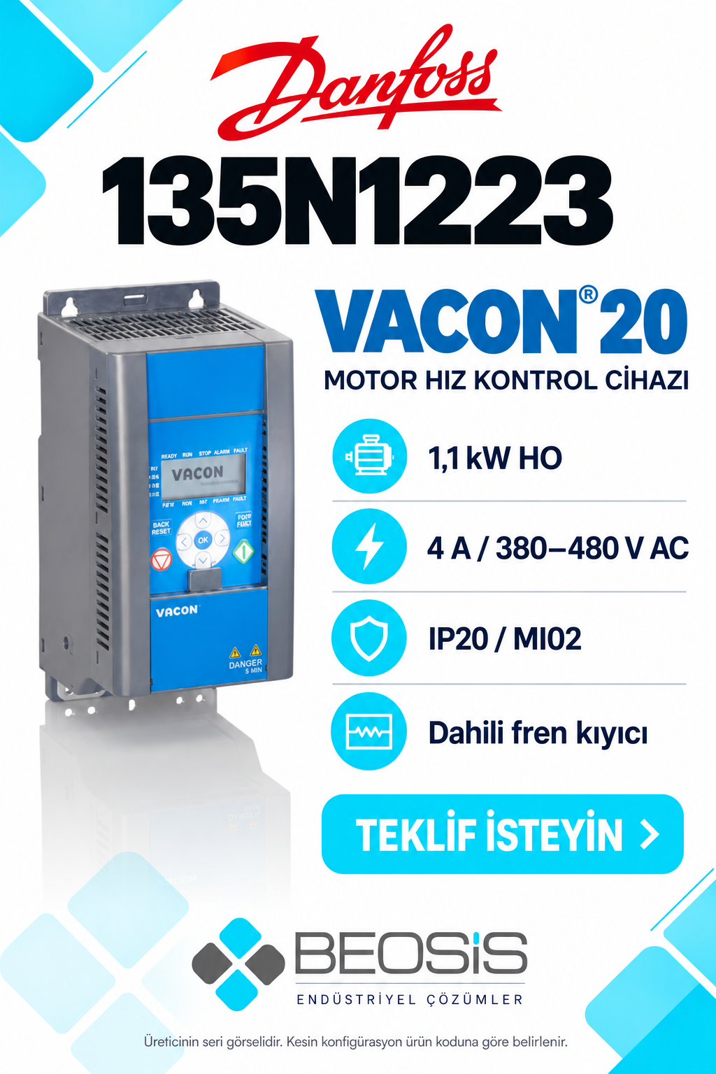 Danfoss 135N1223 VACON 20 1,1 kW HO 380–480 V IP20 Motor Hız Kontrol Cihazı
