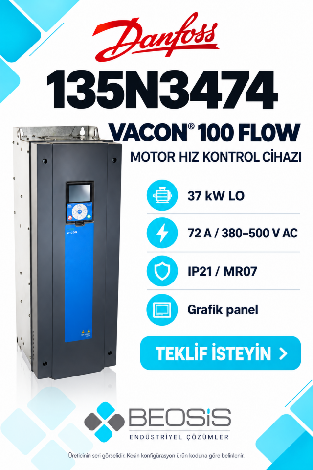 Danfoss 135N3474 VACON 100 FLOW 37 kW LO 380–500 V IP21 Grafik Panelli Motor Hız Kontrol Cihazı