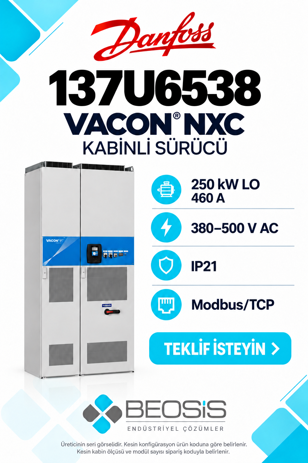 Danfoss 137U6538 VACON NXC 250 kW LO – 460 A 380–500 V IP21 Kabinli Motor Hız Kontrol Cihazı