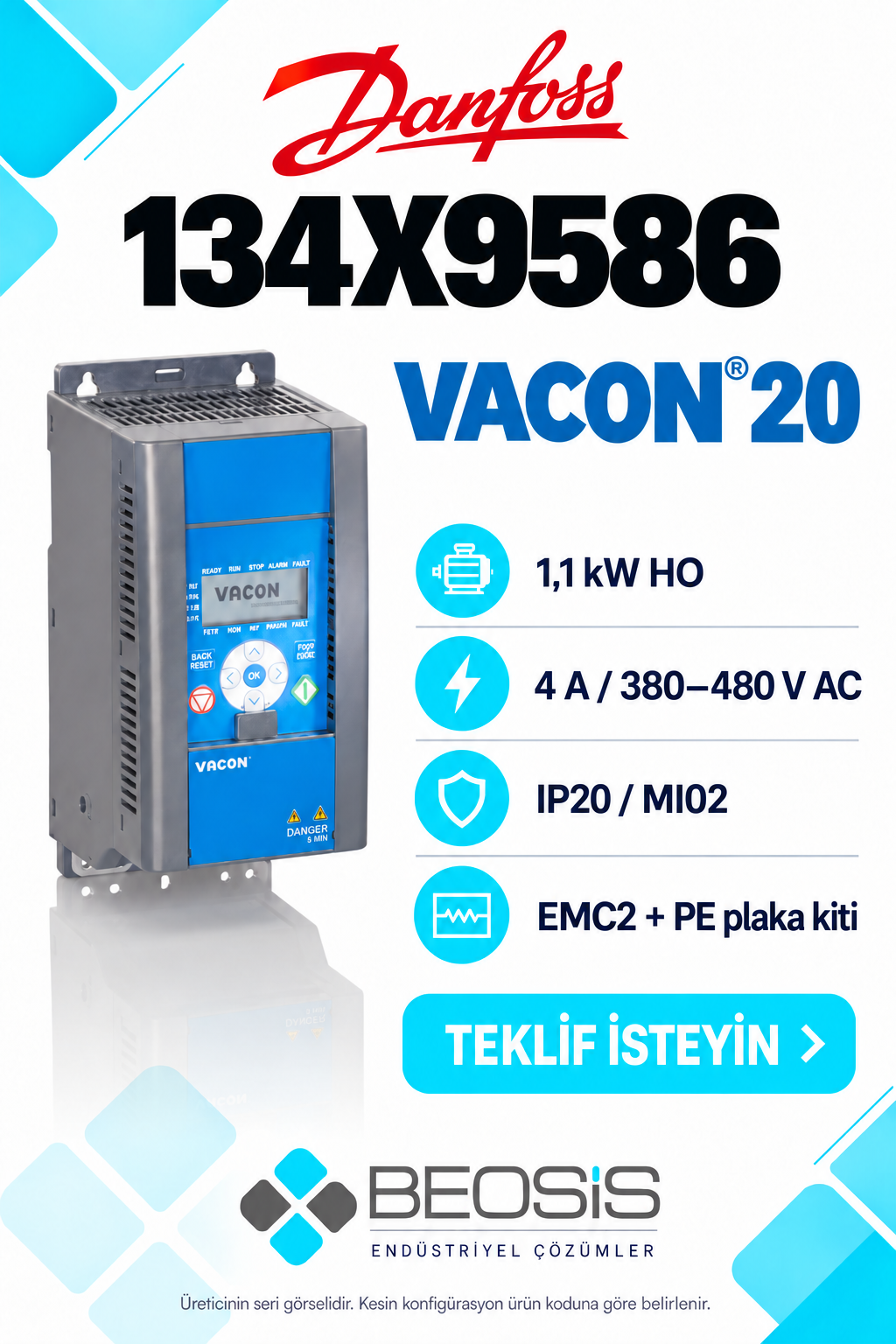 Danfoss 134X9586 VACON 20 1,1 kW HO 380–480 V IP20 Motor Hız Kontrol Cihazı