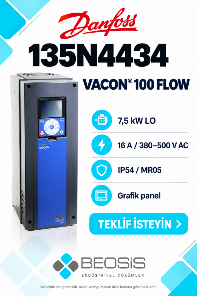 Danfoss 135N4434 VACON 100 FLOW 7,5 kW LO 380–500 V IP54 Grafik Panelli Motor Hız Kontrol Cihazı