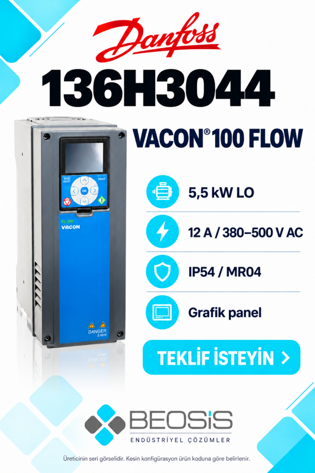 Danfoss 136H3044 VACON 100 FLOW 5,5 kW LO 380–500 V IP54 Grafik Panelli Motor Hız Kontrol Cihazı