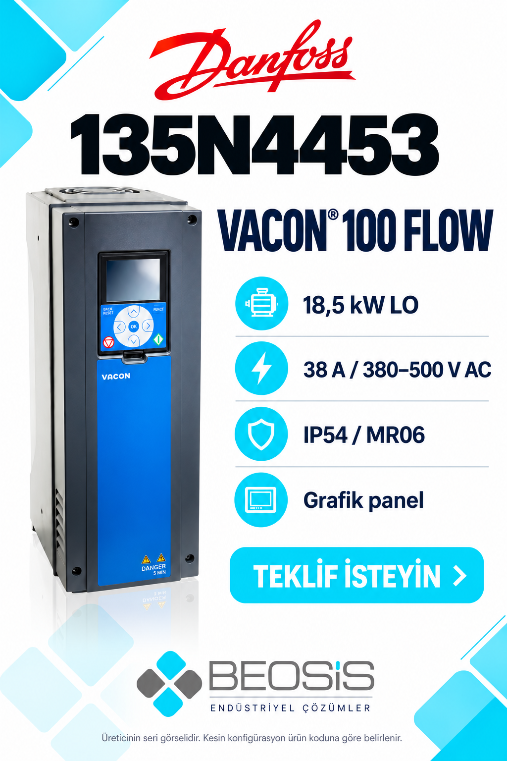Danfoss 135N4453 VACON 100 FLOW 18,5 kW LO 380–500 V IP54 Grafik Panelli Motor Hız Kontrol Cihazı