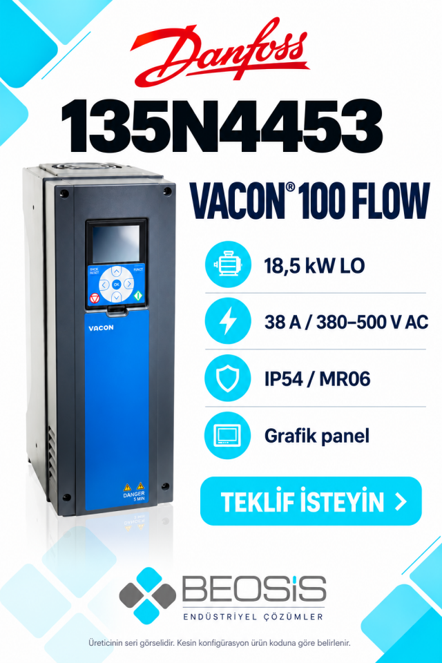 Danfoss 135N4453 VACON 100 FLOW 18,5 kW LO 380–500 V IP54 Grafik Panelli Motor Hız Kontrol Cihazı