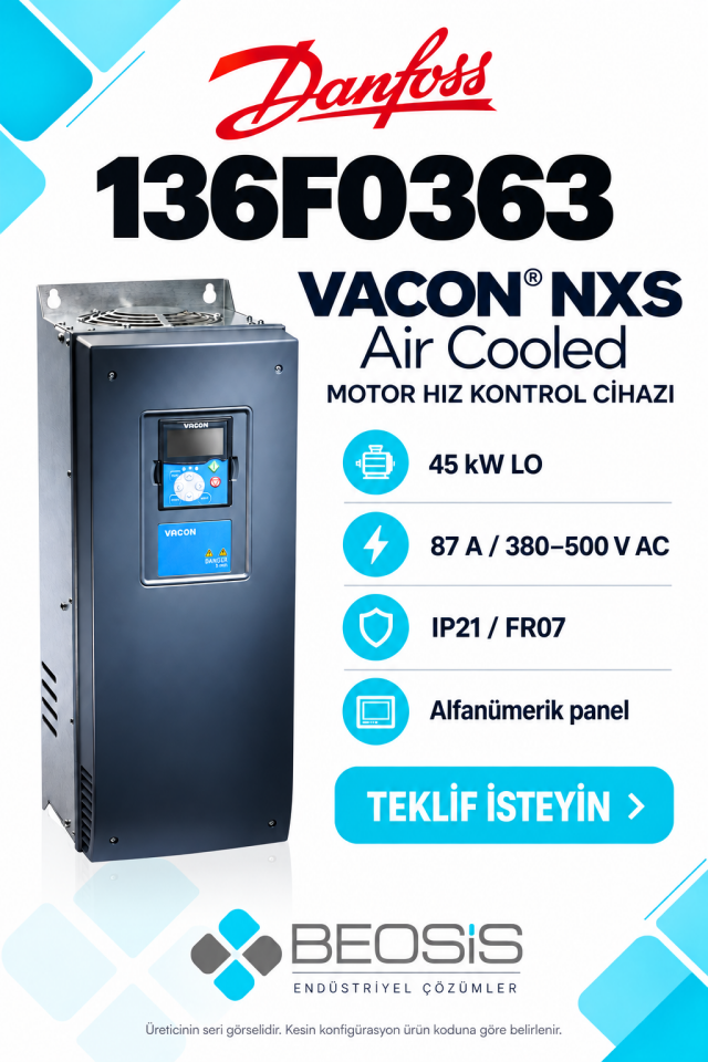 Danfoss 136F0363 VACON NXS 45 kW LO 380–500 V IP21 Alfanümerik Panelli Motor Hız Kontrol Cihazı