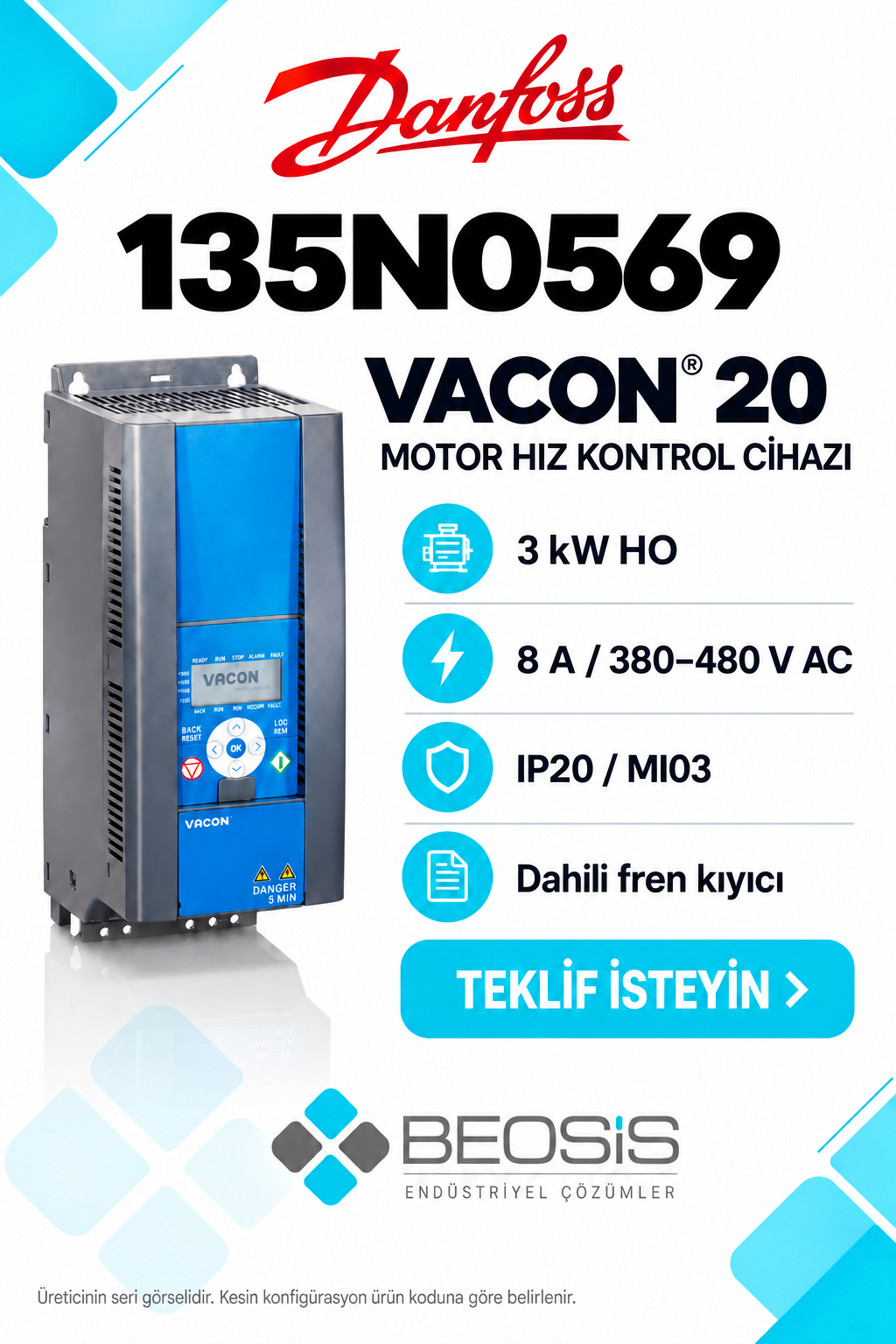 Danfoss 135N0569 VACON 20 3 kW HO 380–480 V IP20 Motor Hız Kontrol Cihazı