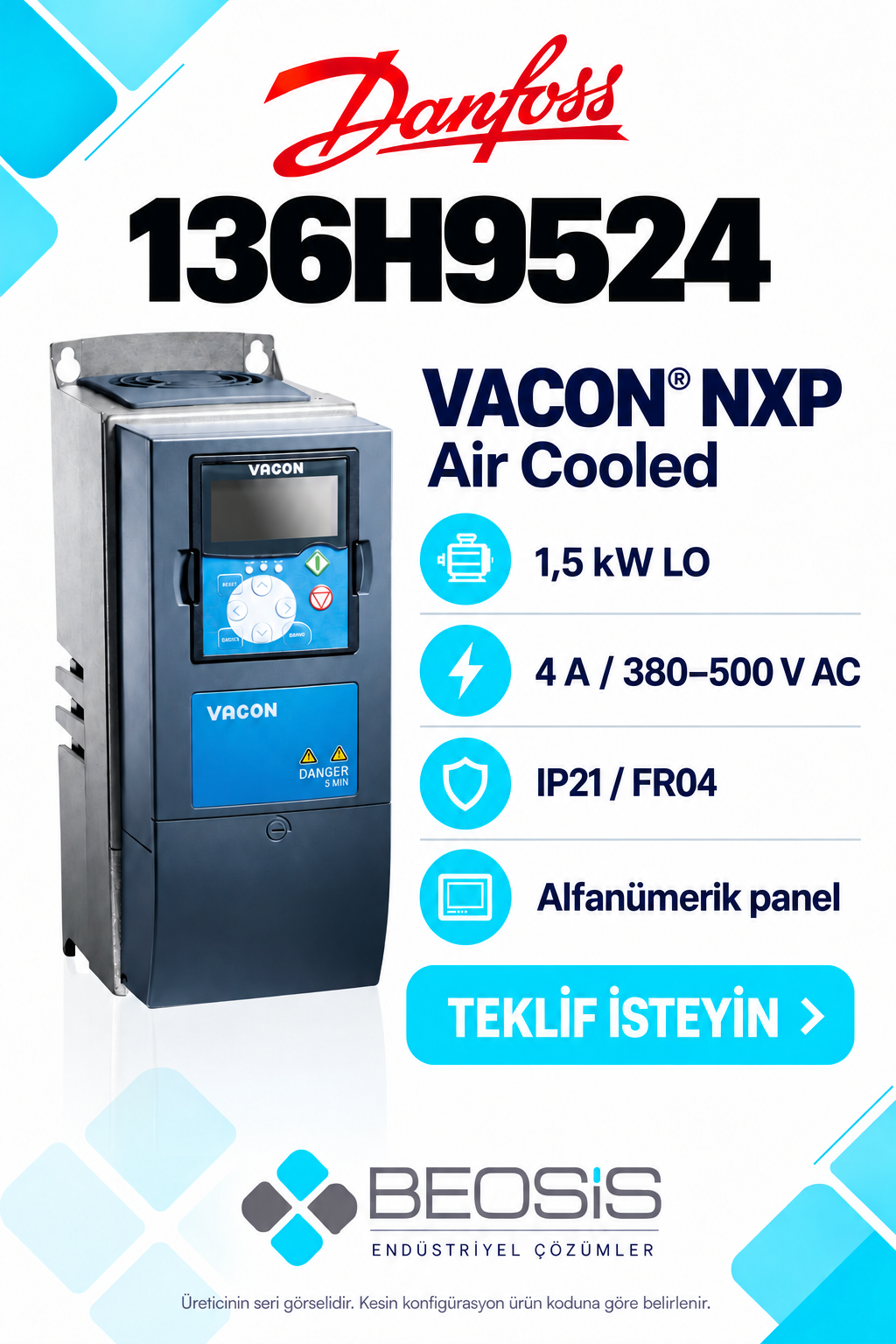 Danfoss 136H9524 VACON NXP 1,5 kW LO 380–500 V IP21 Alfanümerik Panelli Motor Hız Kontrol Cihazı